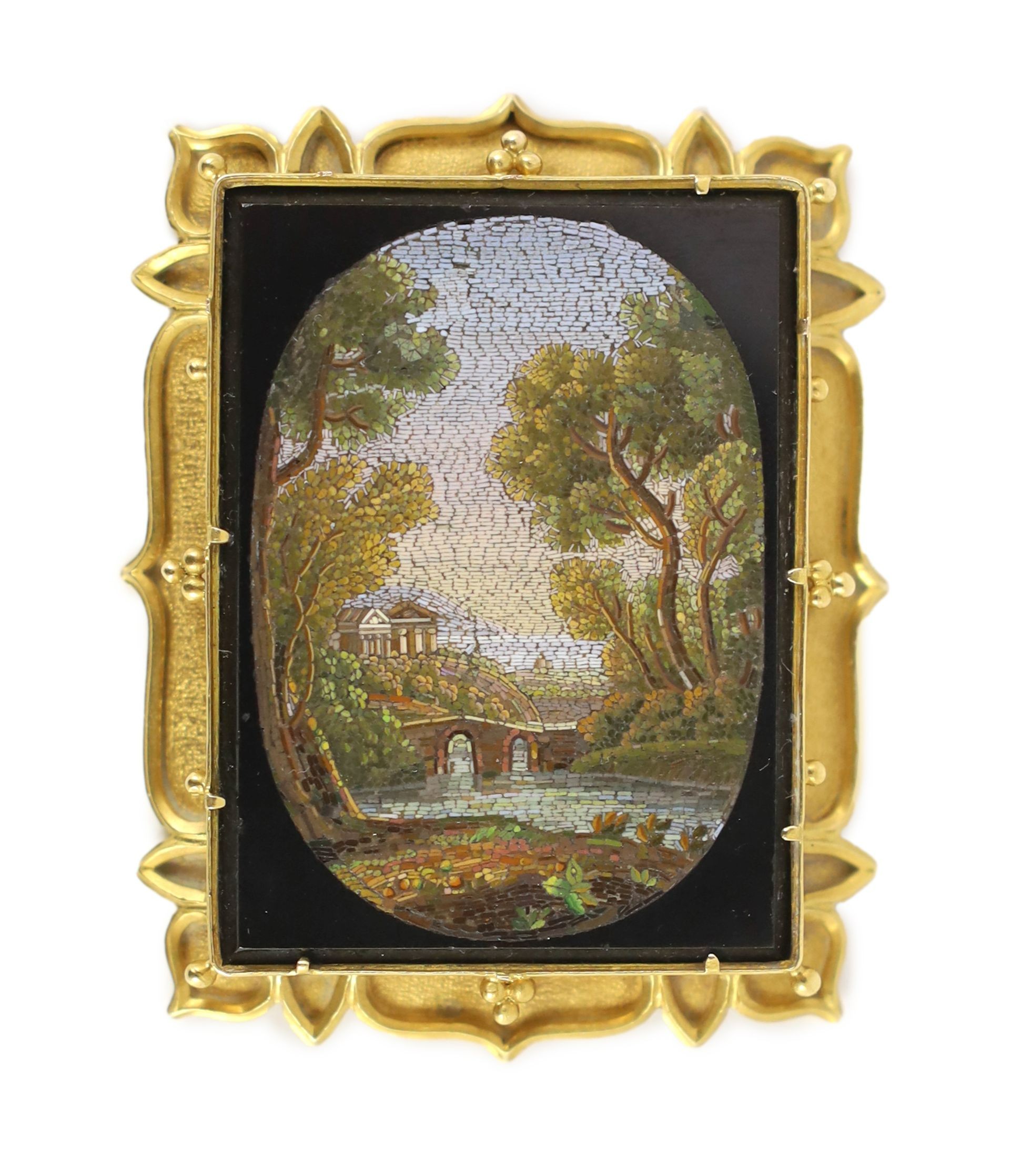 A 19th century Italian gold mounted micro-mosaic plaque, 5.5 x 4.25cm